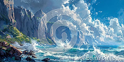The Ocean Waves Crashing Over Cliffs. Generative AI Stock Photo