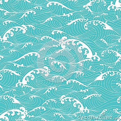 Ocean waves, pattern seamless background hand drawn Asian style Cartoon Illustration