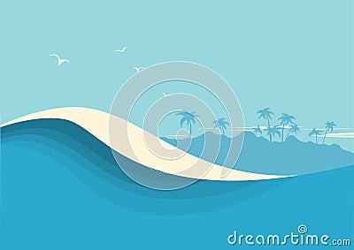 Ocean waves seascape. Vector blue background with sea wave and sky Vector Illustration