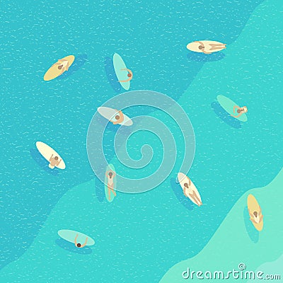 Ocean waves and surfers. Flat summer background. Vacation vector illustration Vector Illustration