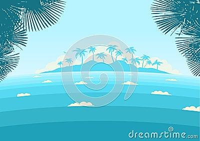 Ocean waves and tropical island with palms silhouette. Vector blue background seascape horizon Vector Illustration