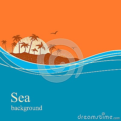 Ocean waves and tropical island.Vector background Vector Illustration