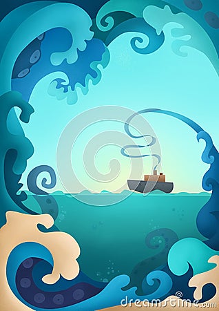 Ocean waves and underwater creature Kraken illustration Stock Photo