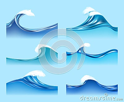 Ocean waves. Water liquid surfaces with transparent foam horizontal waves flow vector illustrations Vector Illustration