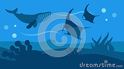 Ocean Wildlife Nature Panoramic Flat Style Banner Vector Illustration