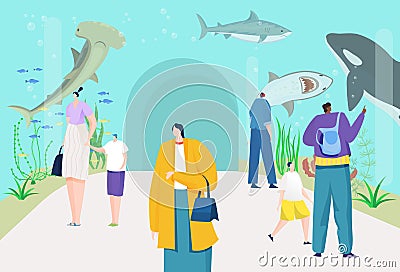 Oceanarium concept, vector illustration, flat man woman character look at fish animal in aquarium glass, people at Vector Illustration