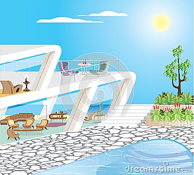 Oceanfront Modern Mansion Vector Illustration Vector Illustration