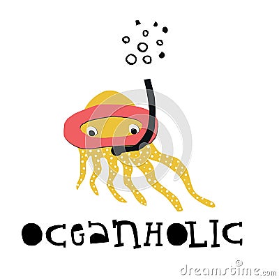 Oceanholic - kids poster with cute octopus and lettering cut out of paper. Vector illustration Cartoon Illustration