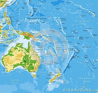 Oceania highly detailed physical map Vector Illustration