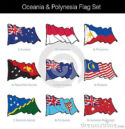 Oceania and Polynesia Waving Flag Set Vector Illustration