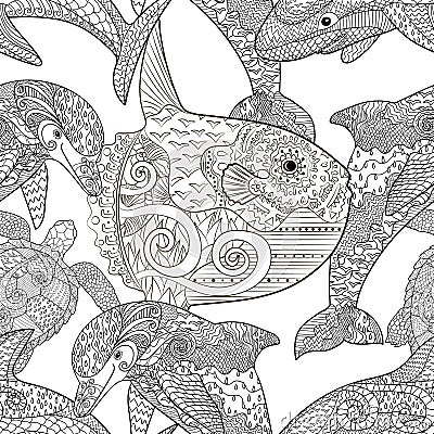 Oceanic animals zentangle seamless pattern. Vector Illustration