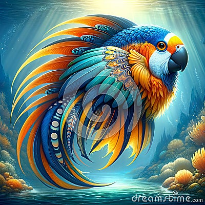 Oceanic Avian Fusion, Surreal Underwater Fantasy, AI Stock Photo