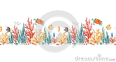 Oceanic creature seamless repeat border with cute turtle Stock Photo