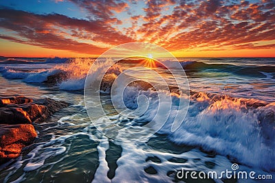 Oceanic Rhapsody: breathtaking panorama of the ocean with a stunning sunset, crashing waves Stock Photo