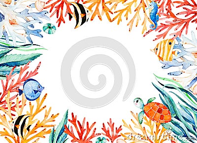 Oceanic watercolor frame border with cute turtle,seaweed,coral reef,fishes,seahorse Stock Photo