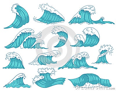 Oceanic waves. Sea hand drawn tsunami or storm waves, marine water shaft, ocean beach surfing waves isolated vector Vector Illustration