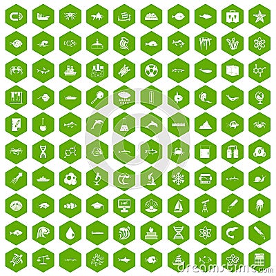 100 oceanology icons hexagon green Vector Illustration