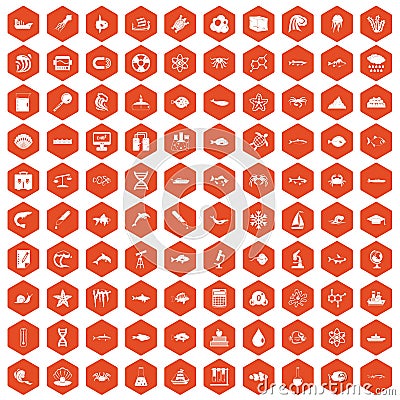 100 oceanology icons hexagon orange Vector Illustration