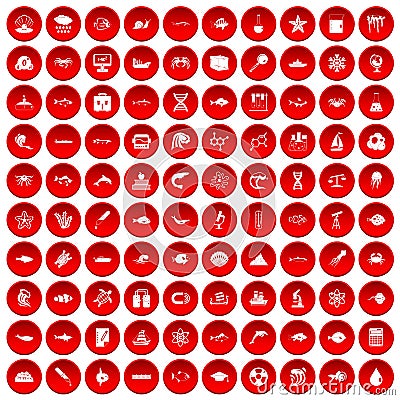 100 oceanology icons set red Vector Illustration