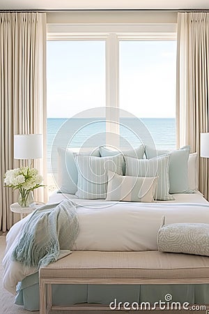 Oceanview light colored modern luxurious bedroom Stock Photo