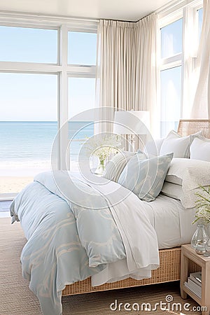 Oceanview light colored modern luxurious bedroom Stock Photo