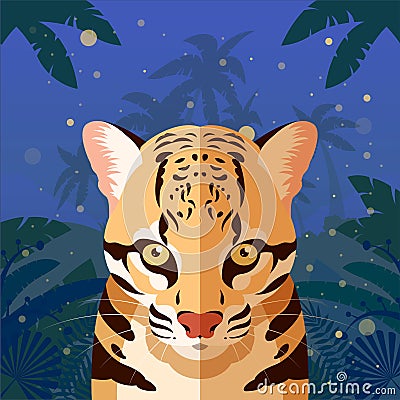 Ocelot on the Jungle Background Vector Illustration