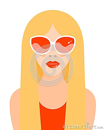 Portrait of a blonde girl in sunglasses with long hair and bright red lips. Glasses reflect waves. Vector Illustration