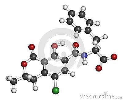 Ochratoxin A mycotoxin molecule. 3D rendering. Atoms are represented as spheres with conventional color coding: hydrogen (white), Stock Photo