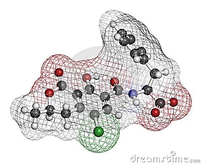 Ochratoxin A mycotoxin molecule. 3D rendering. Atoms are represented as spheres with conventional color coding: hydrogen (white), Stock Photo