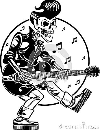 ROckabilly skeleton singing and playing electric guitar Vector Illustration