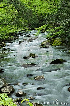 Oconaluftee river cascading over rocks in the Great Smoky Mountains NP Stock Photo