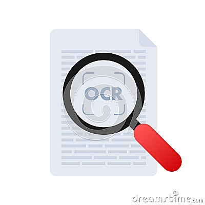 OCR - Optical character recognition. Document scan. Process of recognizing document. Vector stock illustration. Vector Illustration