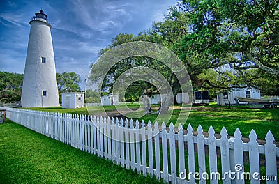The Ocracoke Lighthouse and Keeper's Dwelling on Ocracoke Island Stock Photo