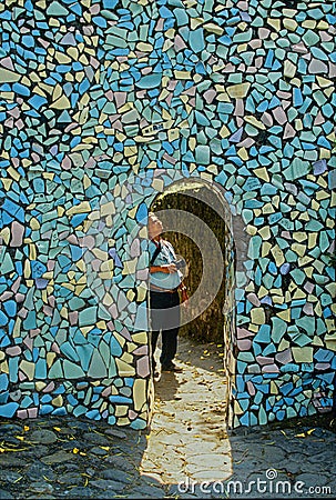 Decorative wall made of small chip of tile in The Rock Garden at Chandigarh Editorial Stock Photo