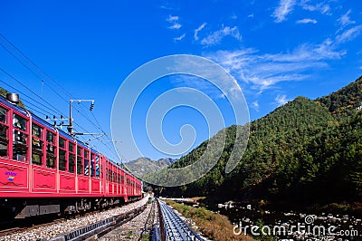 V-Train sightseeing train run along stream and valley of Gangwon-do, South Korea Editorial Stock Photo