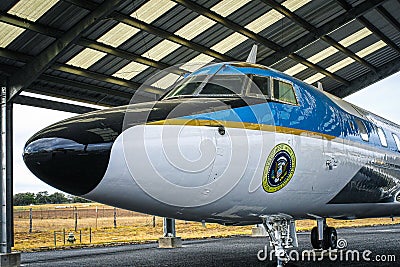 President Lyndon Johnsons presidential jet parked under shelter at his Texas ranch with the Editorial Stock Photo