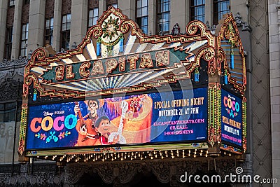 LOS ANGELES CALIFORNIA: The famous El Capitan theater in Hollywood Boulevard, in Los Angeles. Sign is advertising Editorial Stock Photo