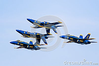 Oct 12, 2019 San Francisco / CA / USA - The Blue Angels flying in formation for Fleet Week airshow; The Blue Angels is the United Editorial Stock Photo