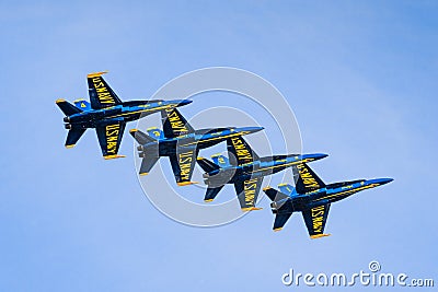 Oct 12, 2019 San Francisco / CA / USA - The Blue Angels flying in formation for Fleet Week airshow; The Blue Angels is the United Editorial Stock Photo