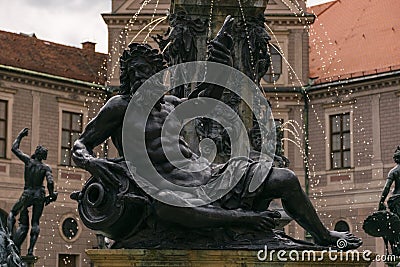 Octagonal courtyard of Munich Residenz. Fountain with bronze sculptures Editorial Stock Photo