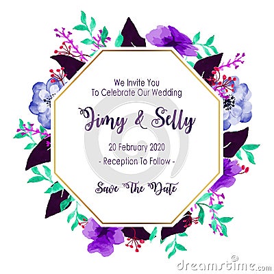 Octagonal purple floral frame wedding invitation card with watercolor style vector illustration Vector Illustration
