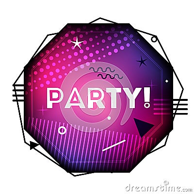 Octagonal purple poster in memphis style. Word Party in the centre. Geometric elements on gradient background Vector Illustration