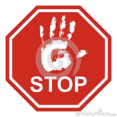 Octagonal stop sign, red stop sign with hand palm print Vector Illustration
