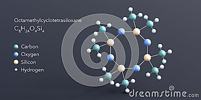 octamethylcyclotetrasiloxane molecule 3d rendering, flat molecular structure with chemical formula and atoms color coding Stock Photo
