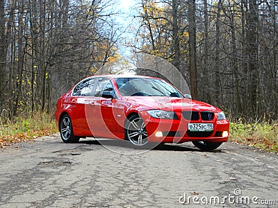 October 16, 2016; Arzamas, Russia; BMW 3 Series E90 Departure outside the city Editorial Stock Photo