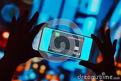 October 21, 2023, Brazil. The Aeroplan Credit Card is displayed on a smartphone screen Cartoon Illustration