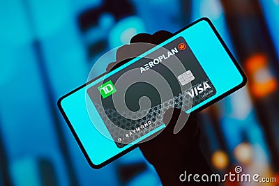 October 21, 2023, Brazil. The Aeroplan Credit Card is displayed on a smartphone screen Cartoon Illustration