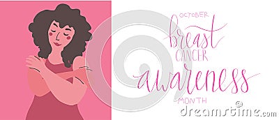 October Breast Cancer Awareness Month campaign web banner. Woman Handwritten lettering vector Vector Illustration