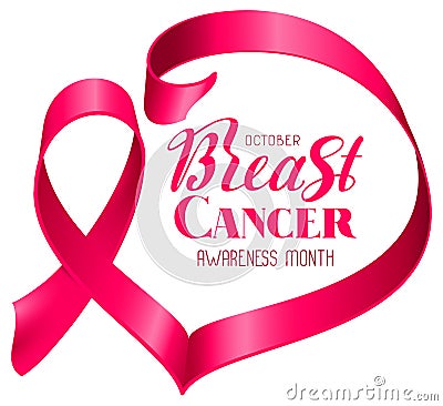 October Breast cancer awareness month pink ribbon heart shape text banner Vector Illustration