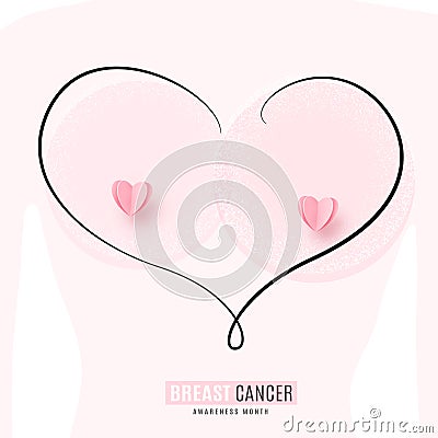 October breast cancer awareness month vector background, minimal concept with stylized breast, heart, female silhouette Vector Illustration